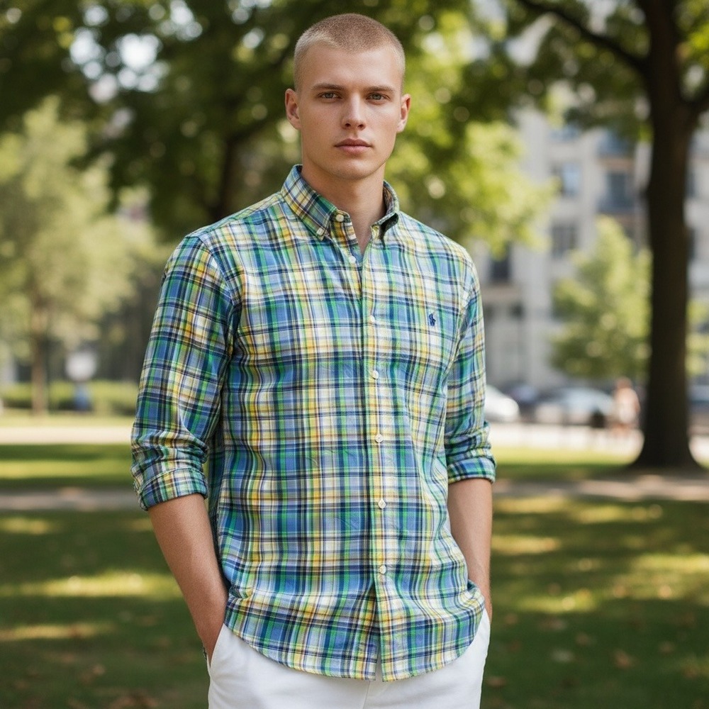 Ralph Lauren Button Down Shirt M Green Blue Yellow Plaid Ivy League Collegiate